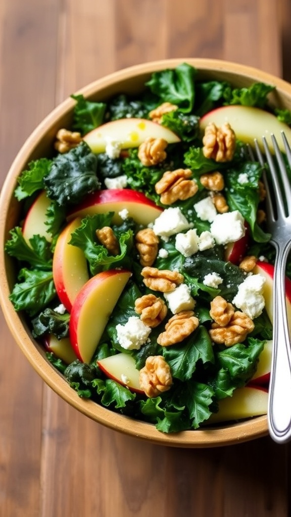 A colorful kale and apple salad with walnuts and feta cheese in a rustic bowl on a wooden table.